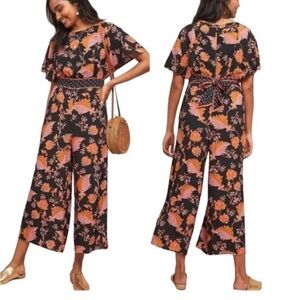 Anthropologie Black and Orange Floral Jumpsuit Maeve